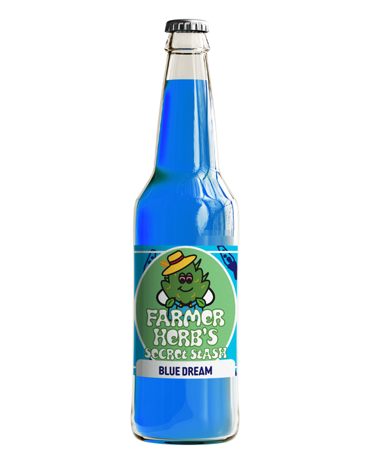 A bottle of Farmer Herb's Secret Stash Blue Dream Cane Sugar Soda