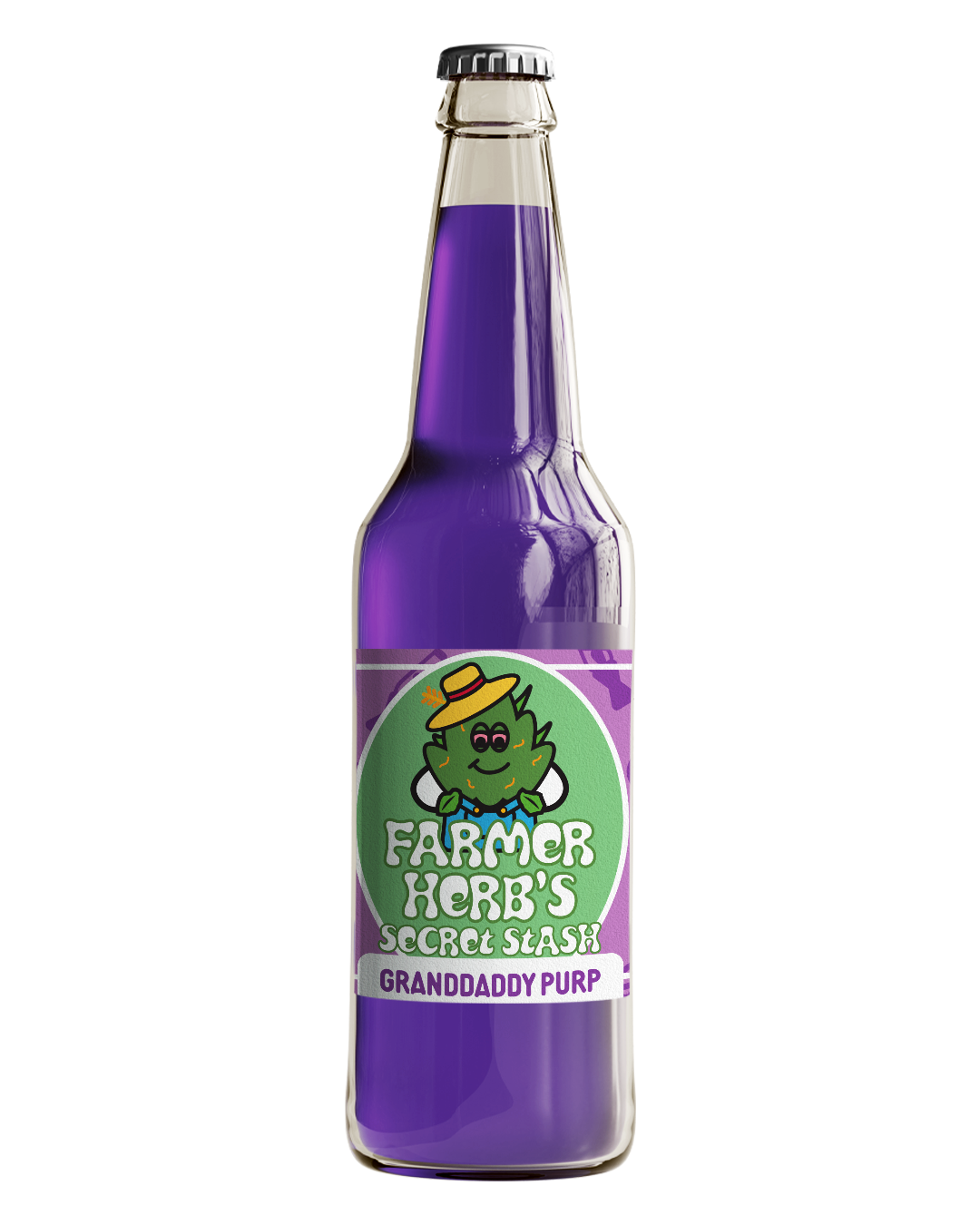 A bottle of Farmer Herb's Secret Stash Grandaddy Purp Cane Sugar Soda