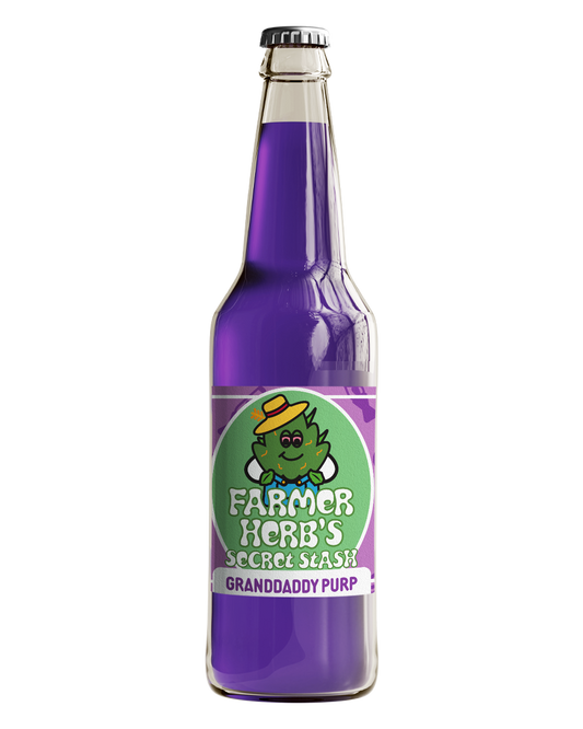 A bottle of Farmer Herb's Secret Stash Grandaddy Purp Cane Sugar Soda