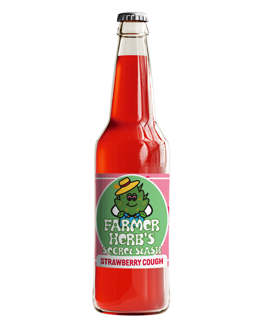 A bottle of Farmer Herb's Secret Stash Strawberry Cough Cane Sugar Soda